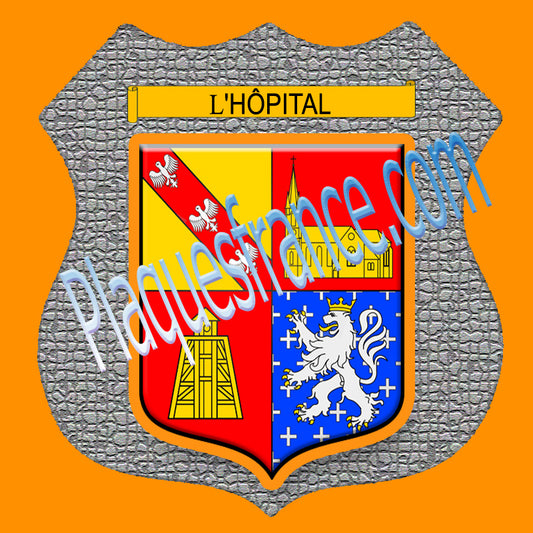 Plaque métal décorative format écusson Ø 30cm fond mozaique blason L'Hôpital 57