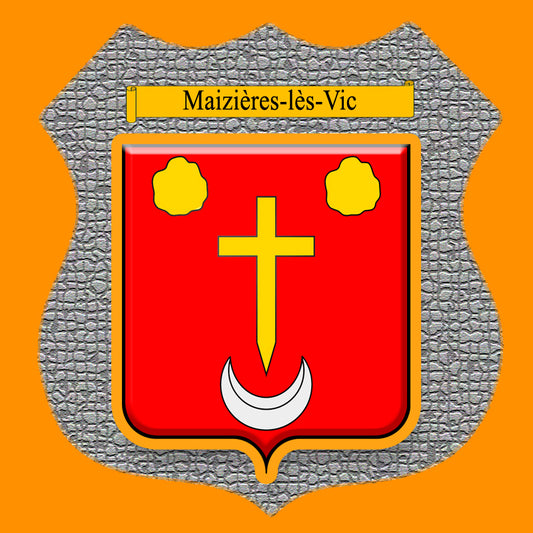Plaque métal décorative format écusson Ø 30cm fond mozaique blason Maizières-lès-Vic, Moselle 57