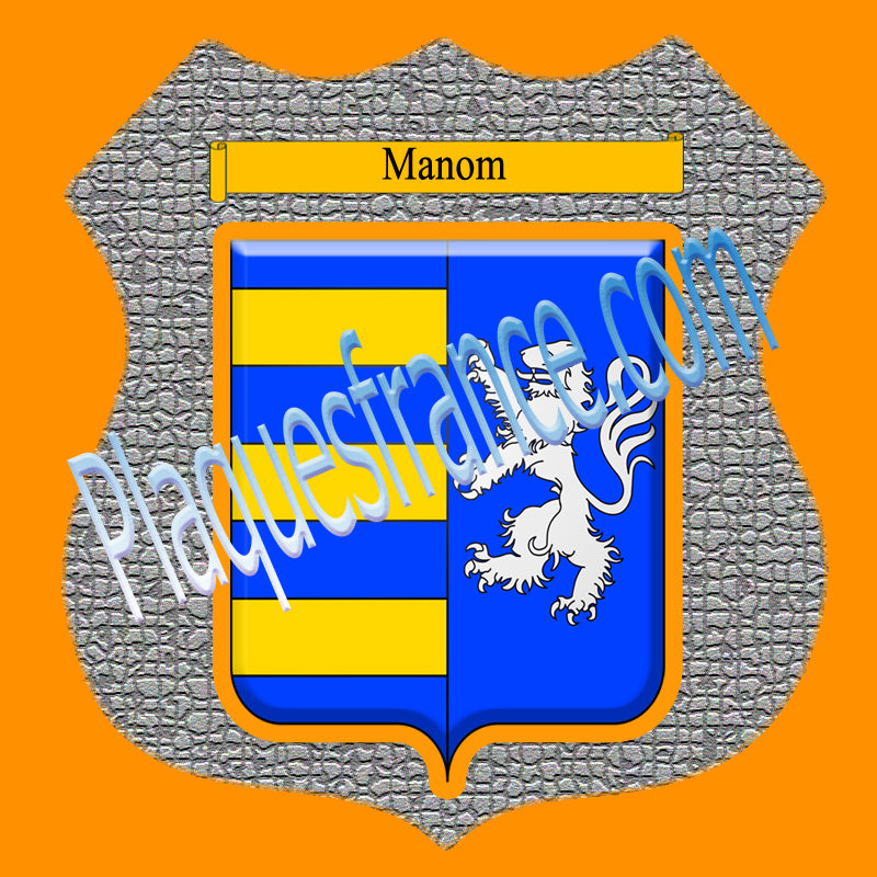 Plaque métal décorative format écusson Ø 30cm fond mozaique blason Manom, Moselle 57