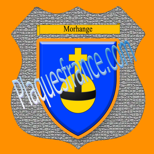 Plaque métal décorative format écusson Ø 30cm fond mozaique blason Morhange, Moselle 57