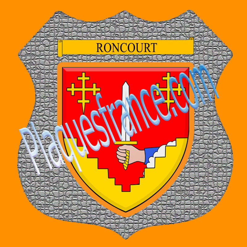 Plaque métal décorative format écusson Ø 30cm fond mozaique Roncourt, Moselle 57