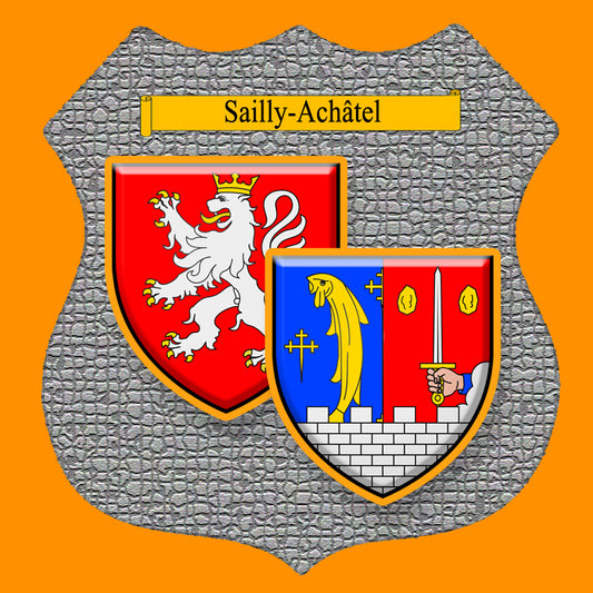 Plaque métal décorative format écusson Ø 30cm fond mozaique blason Sailly-Achâtel, Moselle 57