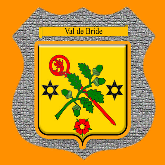Plaque métal décorative format écusson Ø 30cm fond mozaique blason Val de Bride, Moselle 57