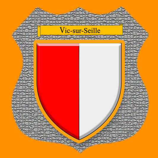 Plaque métal décorative format écusson Ø 30cm fond mozaique blason Vic-sur-Seille, Moselle 57
