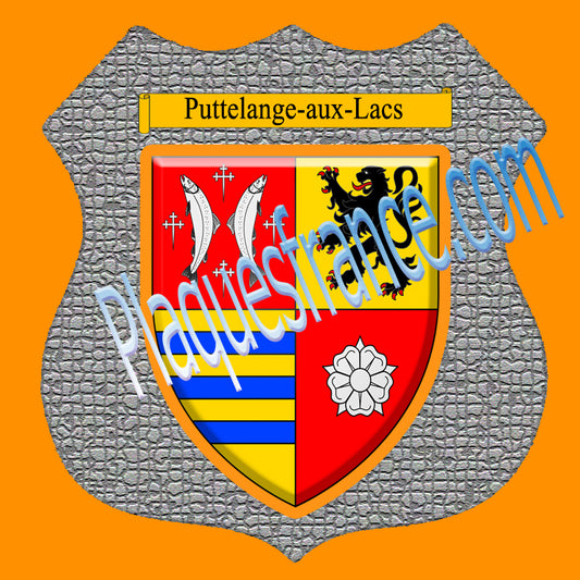 Plaque métal décorative format écusson Ø 30cm fond mozaique blason Puttelange-aux-Lacs, Moselle 57