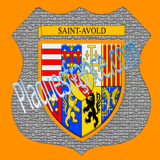 Plaque métal décorative format écusson Ø 30cm fond mozaique blason Saint-Avold, Moselle 57