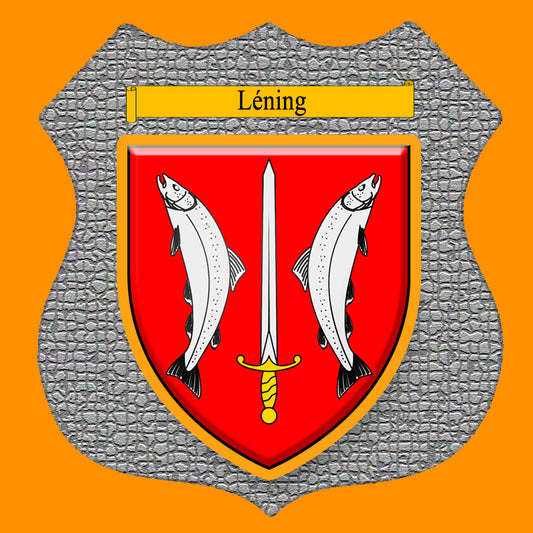 Plaque métal décorative format écusson Ø 30cm fond mozaique blason Léning, Moselle 57