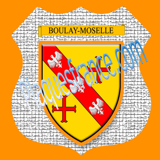 Plaque métal décorative format écusson Ø 30cm fond craquelures blason Boulay-Moselle 57