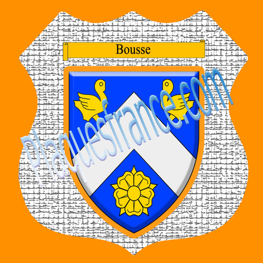 Plaque métal décorative format écusson Ø 30cm fond craquelures blason Bousse, Moselle 57