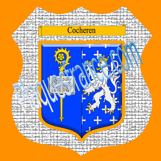 Plaque métal décorative format écusson Ø 30cm fond craquelures blason Cocheren, Moselle 57