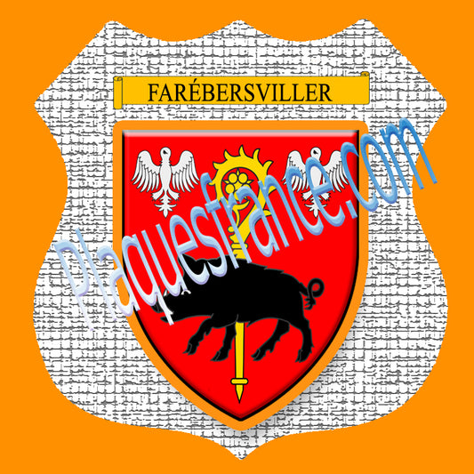 Plaque métal décorative format écusson Ø 30cm fond craquelures blason Farébersviller 57