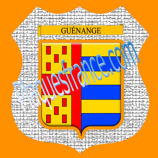 Plaque métal décorative format écusson Ø 30cm fond craquelures blason Guénange, Moselle 57