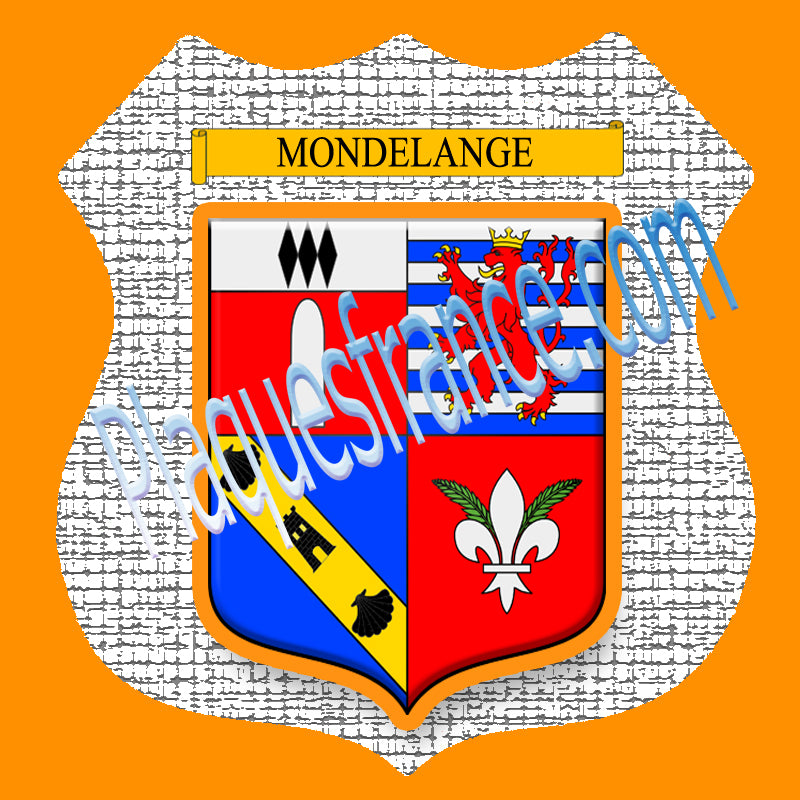 Plaque métal décorative format écusson Ø 30cm fond craquelures blason Mondelange, Moselle 57
