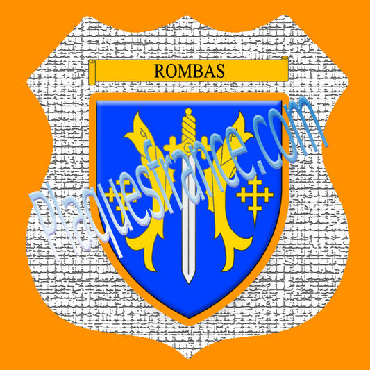 Plaque métal décorative format écusson Ø 30cm fond craquelures blason Rombas, Moselle 57