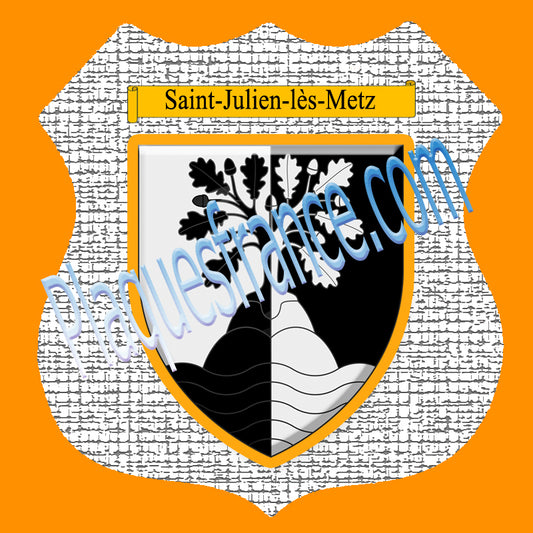 Plaque métal décorative format écusson Ø 30cm fond craquelures blason Saint-Julien-lès-Metz, Moselle 57