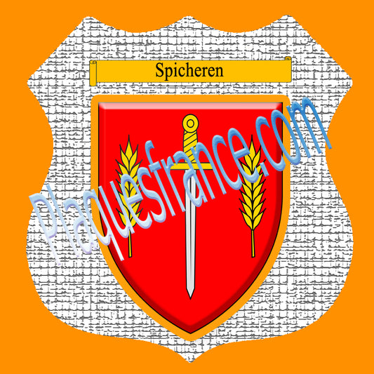 Plaque métal décorative format écusson Ø 30cm fond craquelures blason Spicheren, Moselle 57