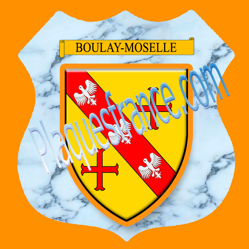 Plaque métal décorative format écusson Ø 30cm fond marbre blason Boulay-Moselle 57