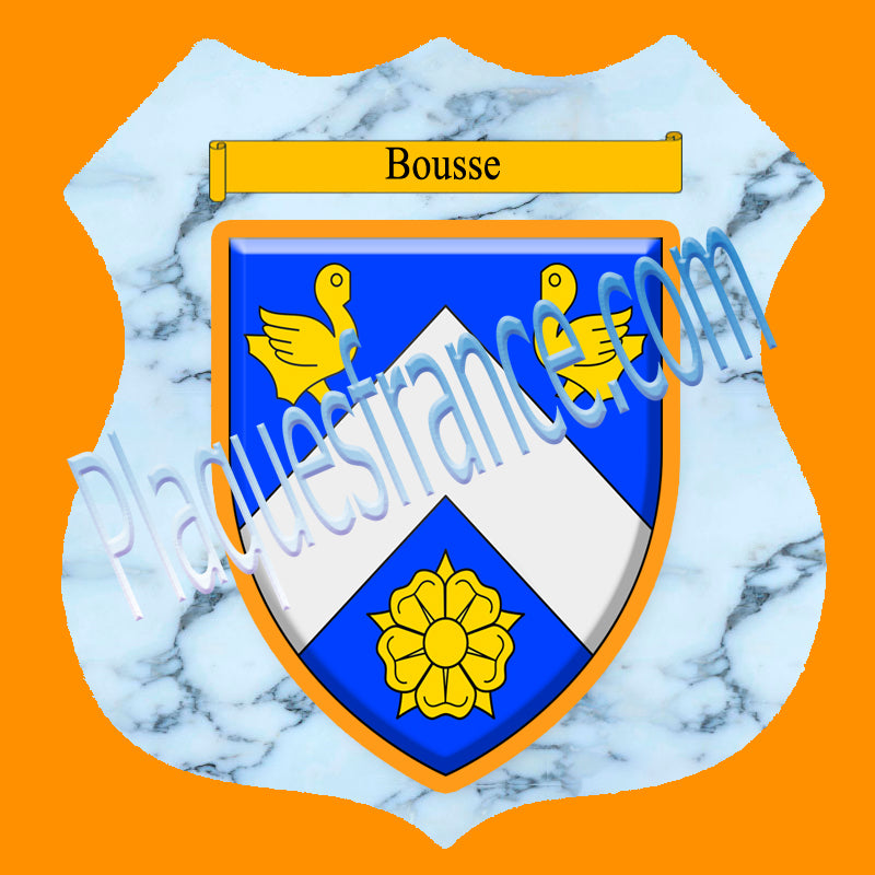 Plaque métal décorative format écusson Ø 30cm fond marbre blason Bousse, Moselle 57