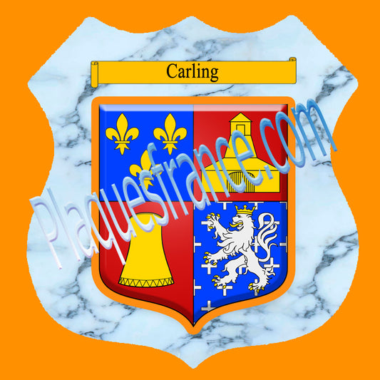 Plaque métal décorative format écusson Ø 30cm fond marbre blason Carling, Moselle 57