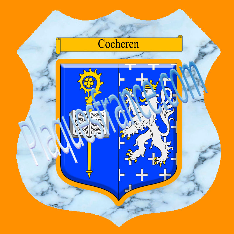 Plaque métal décorative format écusson Ø 30cm fond marbre blason Cocheren, Moselle 57