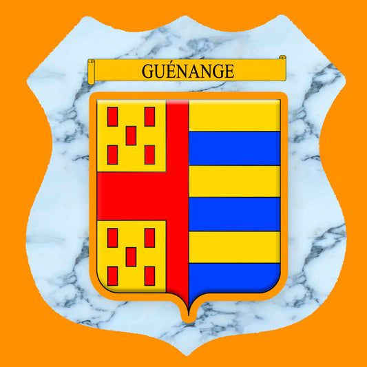 Plaque métal décorative format écusson Ø 30cm fond marbre blason Guénange, Moselle 57
