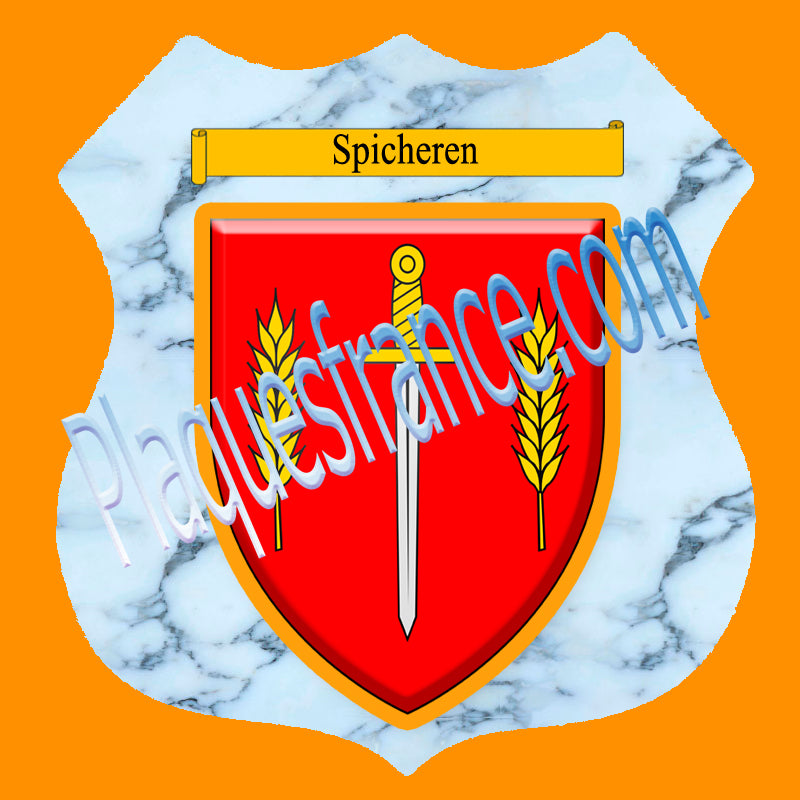 Plaque métal décorative format écusson Ø 30cm fond marbre blason Spicheren, Moselle 57