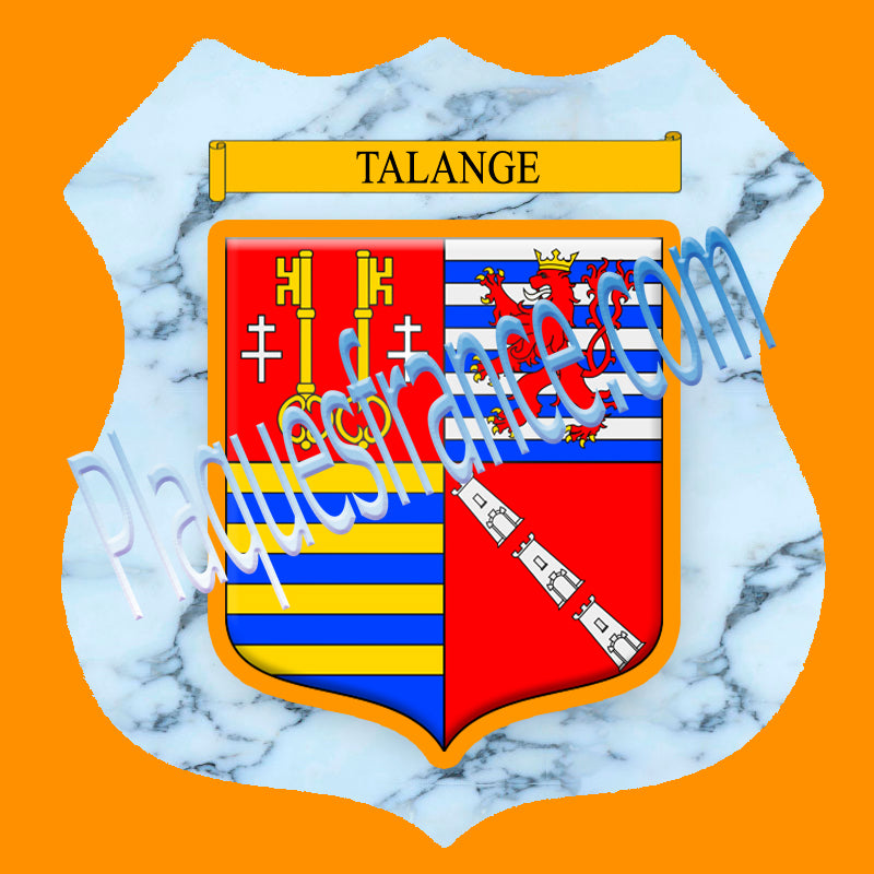 Plaque métal décorative format écusson Ø 30cm fond marbre blason Talange, Moselle 57