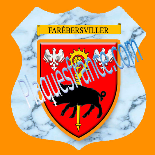 Plaque métal décorative format écusson Ø 30cm fond marbre blason Farébersviller 57