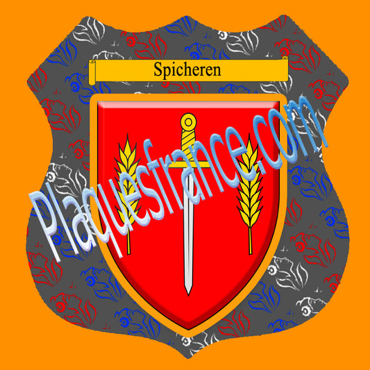 Plaque métal décorative format écusson Ø 30cm fond marianne blason Spicheren, Moselle 57