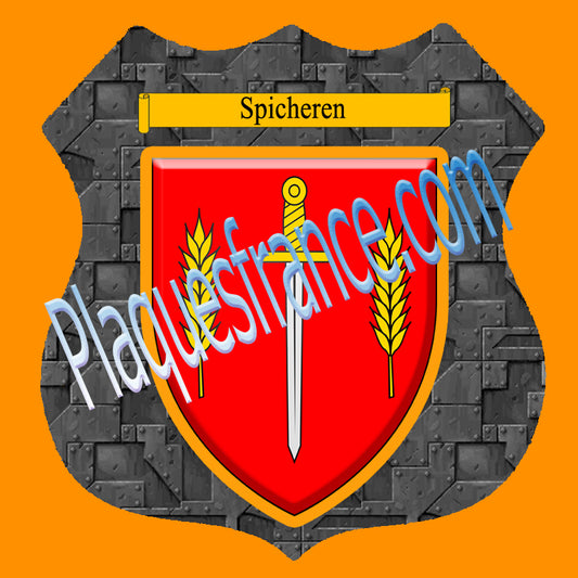 Plaque métal décorative format écusson Ø 30cm fond plaques métal blason Spicheren, Moselle 57