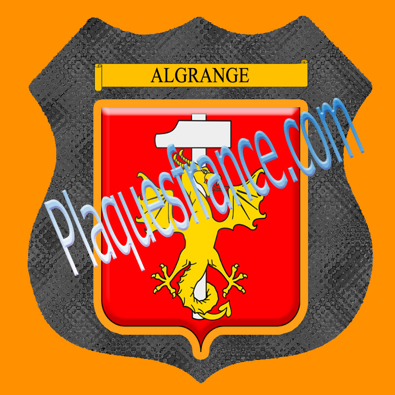 Plaque métal décorative format écusson, blason Algrange, Moselle 57, fond métal+verre