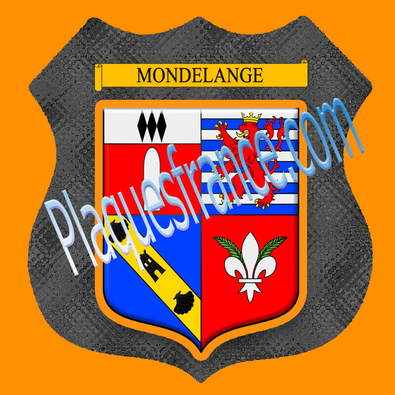 Plaque métal décorative format écusson Ø 30cm fond métal+verre blason Mondelange, Moselle 57