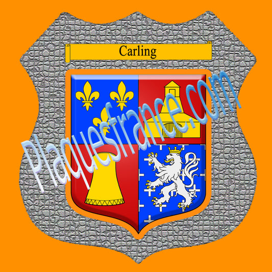 Plaque métal décorative format écusson Ø 30cm fond mozaique blason Carling, Moselle 57