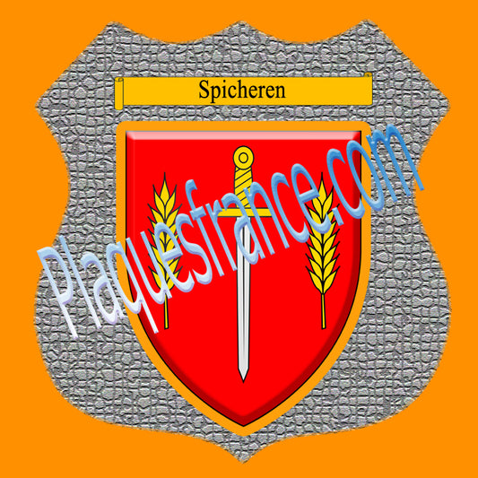 Plaque métal décorative format écusson Ø 30cm fond mozaique blason Spicheren, Moselle 57