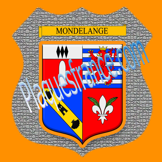 Plaque métal décorative format écusson Ø 30cm fond mozaique blason Mondelange, Moselle 57