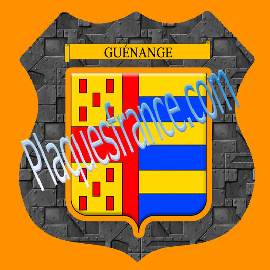 Plaque métal décorative format écusson Ø 30cm fond plaques métal blason Guénange, Moselle 57