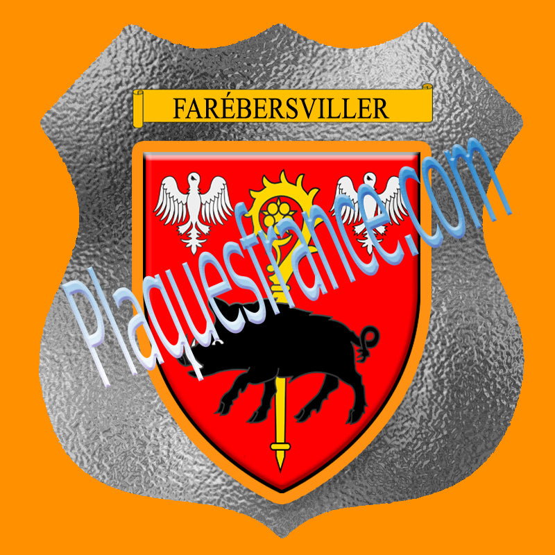 Plaque métal décorative format écusson Ø 30cm fond verre dépoli blason Farébersviller 57