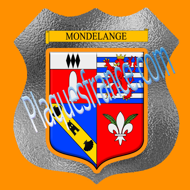 Plaque métal décorative format écusson Ø 30cm fond verre dépoli blason Mondelange, Moselle 57