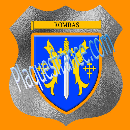 Plaque métal décorative format écusson Ø 30cm fond verre dépoli blason Rombas, Moselle 57