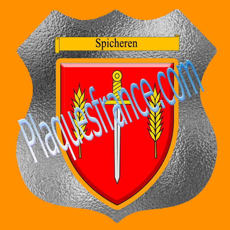 Plaque métal décorative format écusson Ø 30cm fond verre dépoli blason Spicheren, Moselle 57