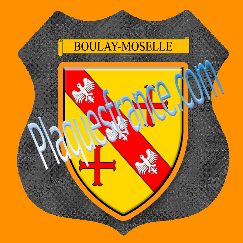 Plaque métal décorative format écusson Ø 30cm fond verre+métal blason Boulay-Moselle 57