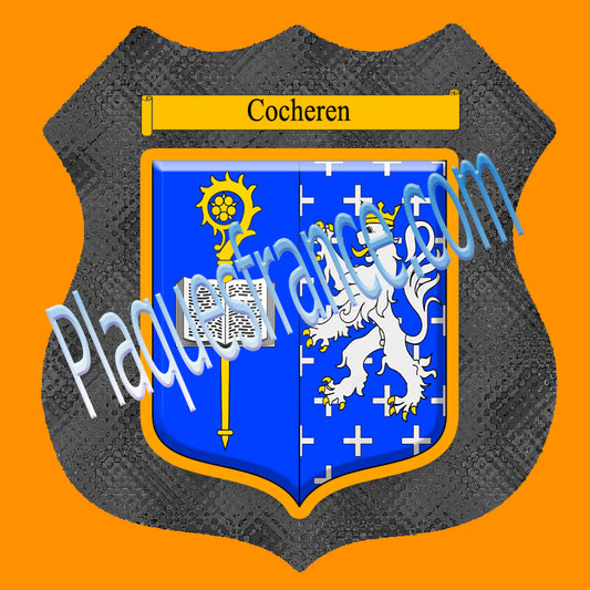 Plaque métal décorative format écusson Ø 30cm fond verre+métal blason Cocheren, Moselle 57