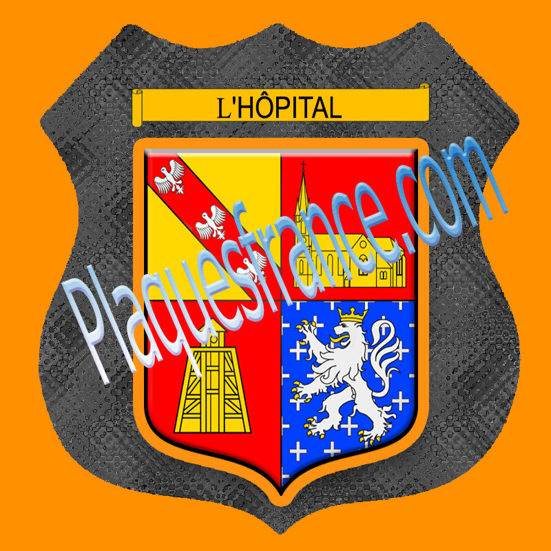 Plaque métal décorative format écusson Ø 30cm fond métal+verre blason L'Hôpital 57