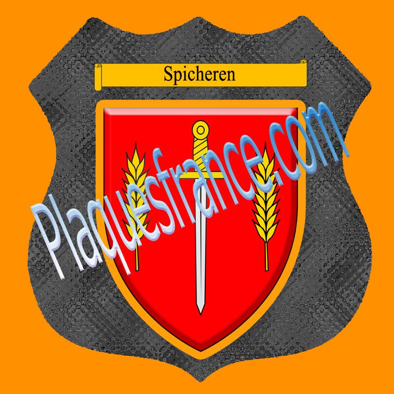 Plaque métal décorative format écusson Ø 30cm fond verre+métal blason Spicheren, Moselle 57