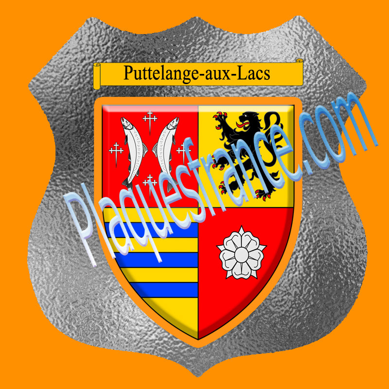 Plaque métal décorative format écusson Ø 30cm fond verre dépoli blason Puttelange-aux-Lacs, Moselle 57