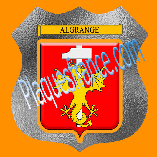 Plaque métal décorative format écusson blason Algrange, Moselle 57 fond verre dépoli 