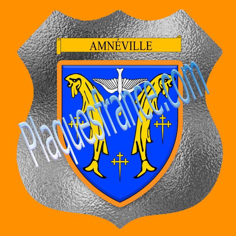 Plaque métal décorative format écusson Ø 30cm fond verre dépoli Amnéville, Moselle 57