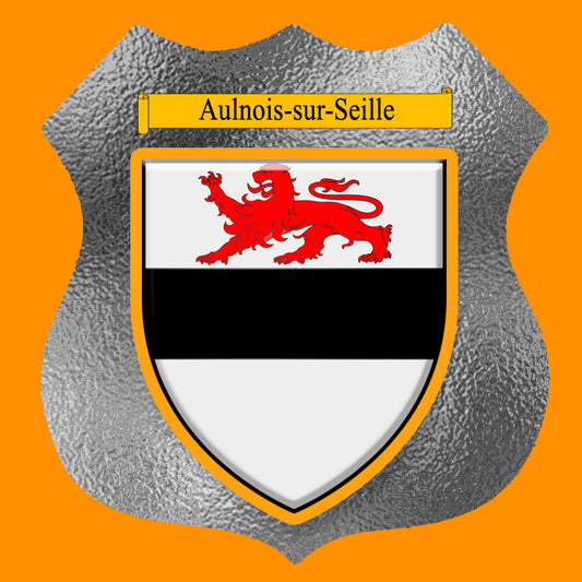 Plaque métal décorative format écusson Ø 30cm fond verre dépoli blason Aulnois-sur-Seille, Moselle 57
