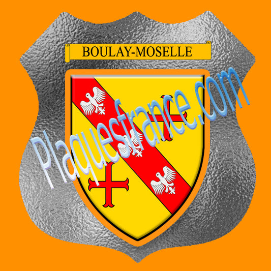 Plaque métal décorative format écusson Ø 30cm fond verre dépoli blason Boulay-Moselle 57