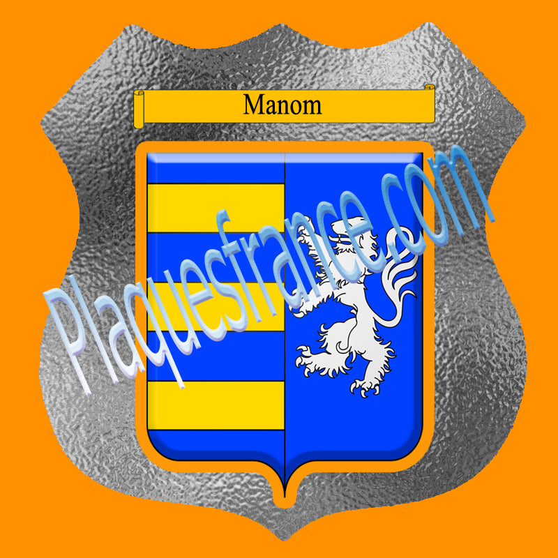 Plaque métal décorative format écusson Ø 30cm fond verre dépoli blason Manom, Moselle 57